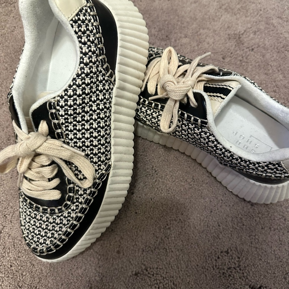 ShuShop Black & White Woven Platform Sneakers with Cream Laces